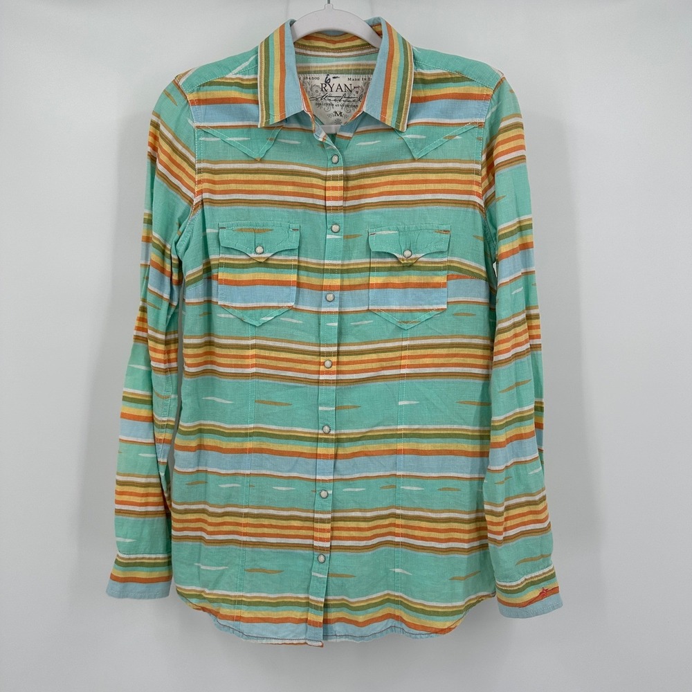 Ryan Michael Womens Linen Blend Striped Western Pearl Snap Shirt Size‎ M Cowgirl